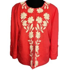 Peter Nygard Womens Sz 14 Coral Linen Blend Floral Embroidered Open Front Blazer